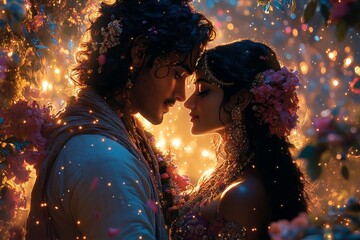 Couple's romantic embrace, glowing flowers, night