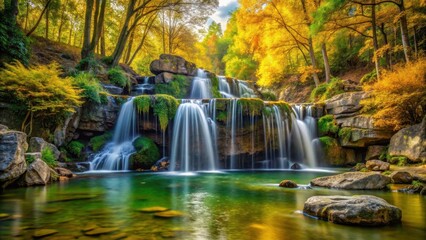 Fototapeta premium waterfall in forest surrounded by yellow and green trees and rocks, greenery, water features