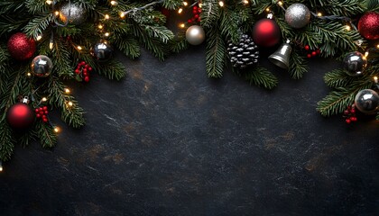 Festive Christmas border with ornaments and lights
