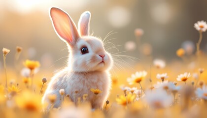 Adorable Baby Bunny in Spring Flowers Meadow