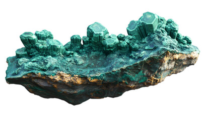 Teal crystal cluster on rock, isolated, geology, science, nature background; educational use