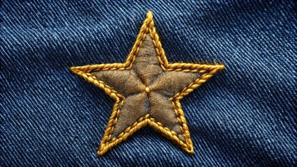 Embroidered star patch on a dark blue denim jacket background with golden thread stitching and subtle texture , jacket, fabric