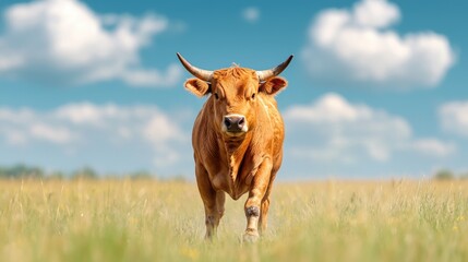 Brown bull walking in summer field, blue sky. Agriculture use