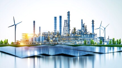 Obraz premium Sustainable Energy Factory, Windmills, Solar Panels