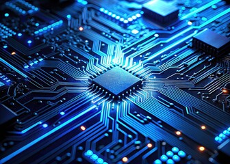 Close-up of a glowing blue microchip circuit board, showcasing advanced digital technology at night.