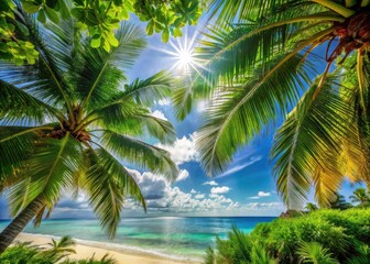 Fototapeta premium Coastal paradise: palm trees cast shade on a sunny beach strewn with dry yellow leaves.