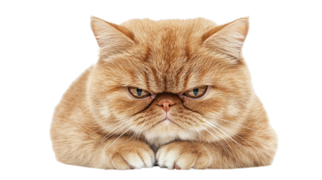 Grumpy red persian cat lying down on transparent background