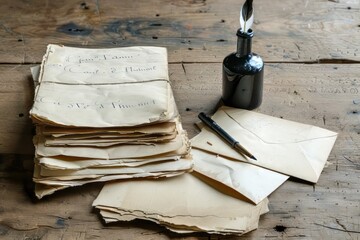 Vintage-style love letters scattered on a wooden table with a quill and ink bottle