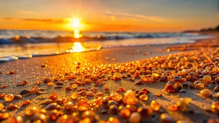 Glowing amber sand grains scattered on Baltic Sea beach at sunset, glow, nature, glow, nature, amber