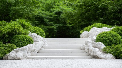 Fototapeta premium Serene garden stone steps, lush greenery background, peaceful zen