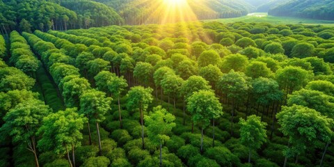 A drone captures a breathtaking aerial view of a vast rubber tree farm, a sea of green under a tropical canopy.