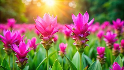Fototapeta premium Vibrant pink Siam tulip flowers blooming in the wild, wildflowers, nature, wildflowers, nature