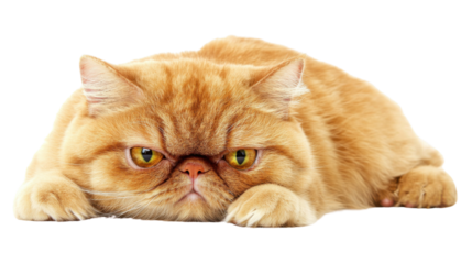 Grumpy red persian cat lying down on transparent background