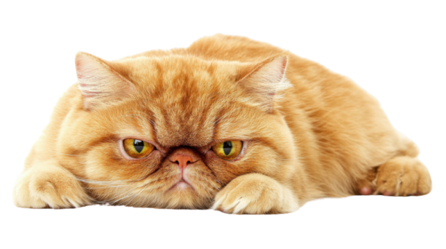 Grumpy red persian cat lying down on transparent background