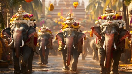 A Pongal procession with decorated elephants and bulls, highlighting the significance of animals in the agricultural festival