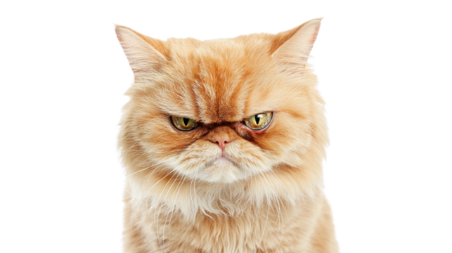 Grumpy persian cat showing displeasure on transparent background