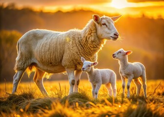 Obraz premium A panoramic view of Hampshire Down ewe lambs, their golden birth field a breathtaking sight.