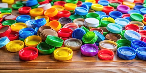 Colorful plastic bottle caps scattered on a wooden table, assorted, colorful,  assorted, colorful
