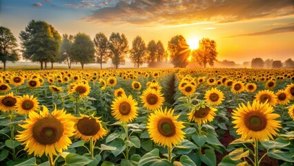 Fototapeta premium Sunflower fields at dawn with warm golden light and trees in the background , sunflowers, harvest, sunflowers, harvest