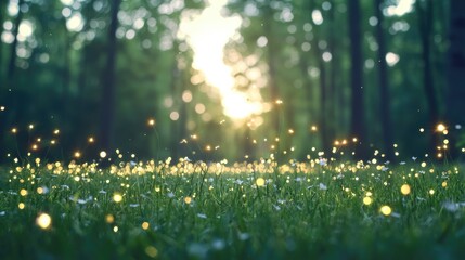 Naklejka premium Magical sunset forest, glowing grass, serene nature scene