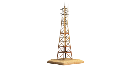 Electrical transmission tower standing on sand with transparent background