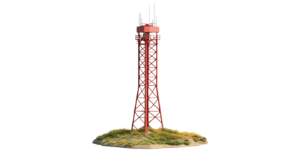 Red telecommunication tower standing on grassy ground with transparent background