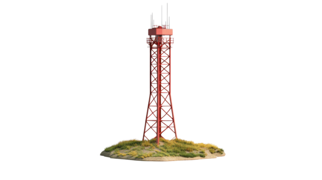 Red telecommunication tower standing on grassy ground with transparent background