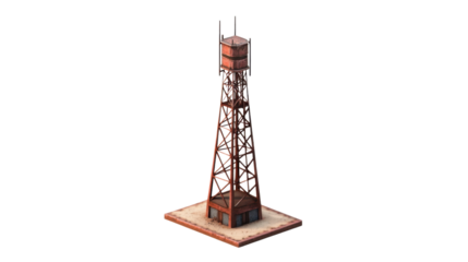 Red water tower standing on concrete slab with transparent background