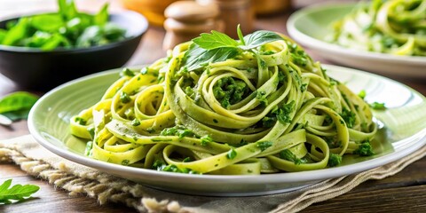 Fresh linguine pasta tossed with vibrant arugula and creamy pesto sauce, italian, green,  italian, green, plate, healthy