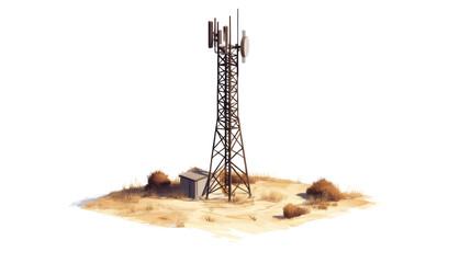 Telecommunication tower standing in desert environment with transparent background