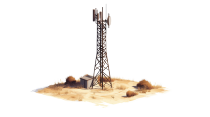 Telecommunication tower standing in desert environment with transparent background