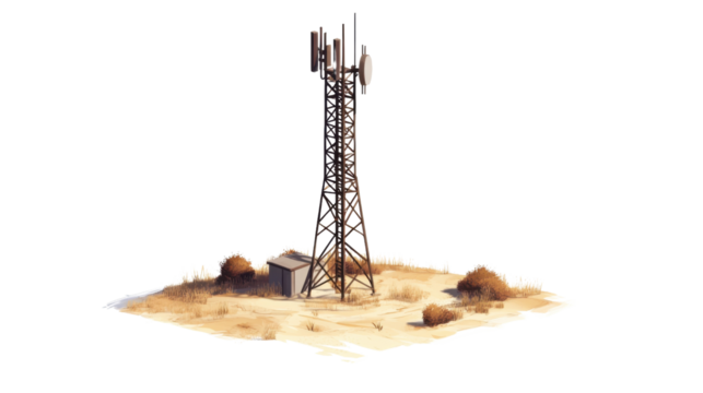 Telecommunication tower standing in desert environment with transparent background