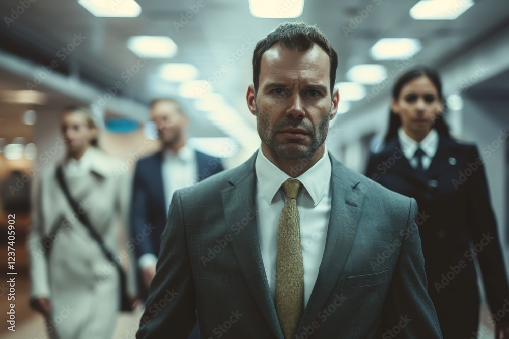 Wall mural Portrait of confident businessman standing in office corridor with colleagues in background