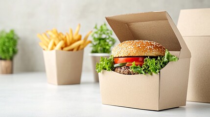 Delicious burger and fries takeout