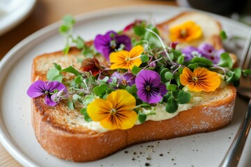 Toast topped with colorful edible flowers and microgreens