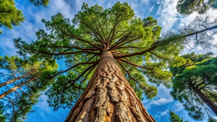 Fototapeta premium A tall tree with a strong trunk and branches stretching towards the sky, evergreen, foliage, evergreen, foliage, forest