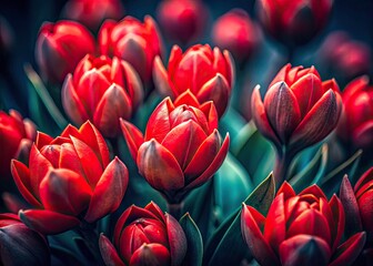 Intense macro reveals vibrant red buds, a dramatic close-up in nature's darkness.