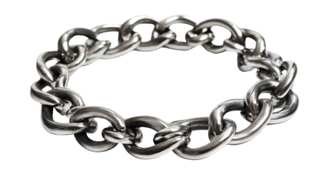 Shiny metal chain bracelet on transparent background forming a circle