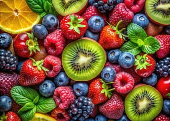 Obraz premium Juicy berries, vibrant kiwi, and fresh produce compose a lively still life.