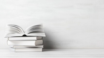 Open book on stack, white background, reading, knowledge