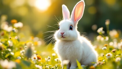 Adorable White Bunny in Sunny Flower Meadow