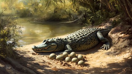 Obraz premium Crocodile guarding eggs near riverbank in lush jungle; wildlife illustration for nature documentaries