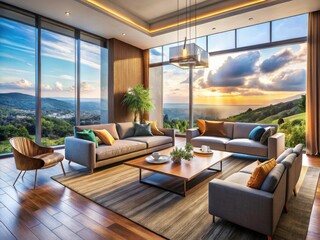 Fototapeta premium Contemporary living room design showcases stylish furniture, modern decor, and dramatic landscape photography.