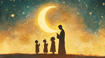 Obraz premium Nightly Prayer Under Crescent Moon: A Spiritual Scene