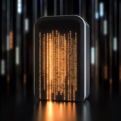 A sleek device with glowing binary code, set against a dark background, evokes a futuristic and digital atmosphere.