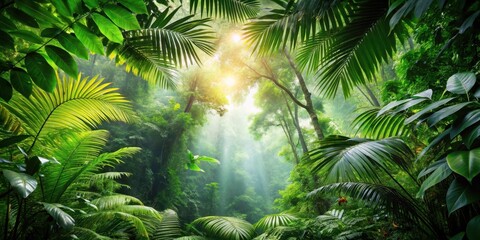 Exotic Rainforest Canopy with Lush Green Leaves and Colorful Foliage, jungle, leafy greens,  jungle