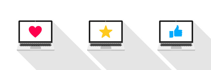 Three computer design with heart, star and thumbs up icons