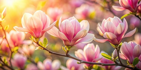 Obraz premium close-up of delicate pink magnolia flowers blooming in vibrant spring colors with soft focus and warm light