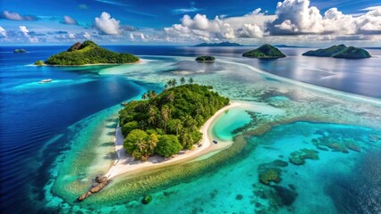 Aerial view of two tropical islands with a sandy bar and crystal clear waters, coastal scenery, crystal clear waters