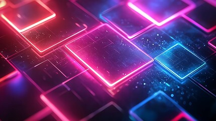 Glowing digital squares, abstract technology background, data processing.